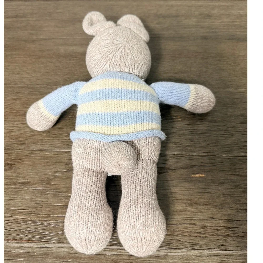 Melange Collections Handmade Knit Bunny Striped Sweater Plush Tan Blue Gray 12in